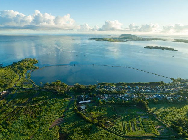 A photo of the Heʻeia Fishpond. Photo by Michelle Mishina, pilot Nick Greun, January 2022.