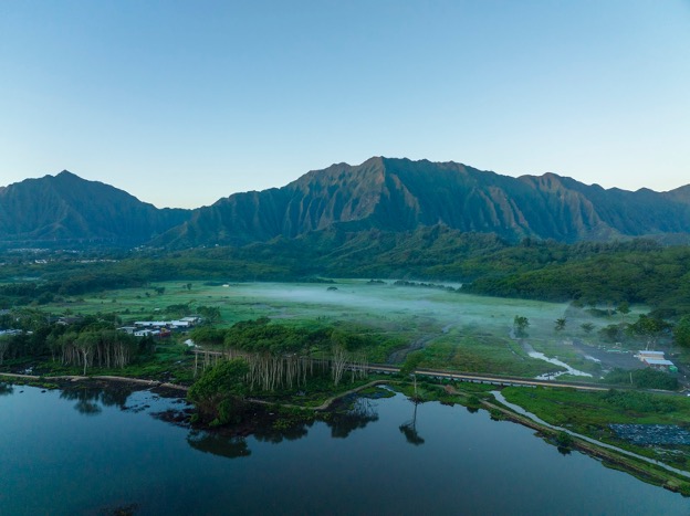 Image depicting the Heʻeia wetlands. Photo credit: Michelle Mishina, pilot Nick Greun, January 2022.