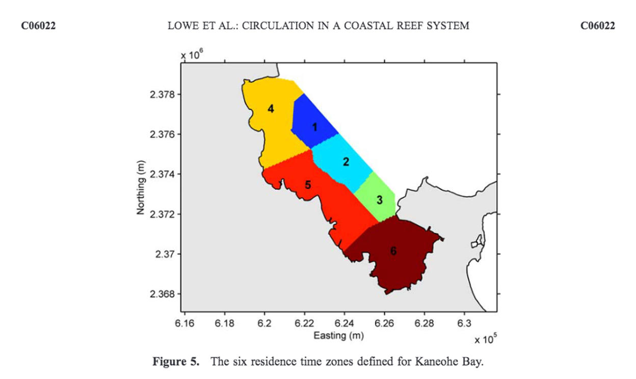 Image of the six Residence Time Zones defined for Kāneʻohe Bay.