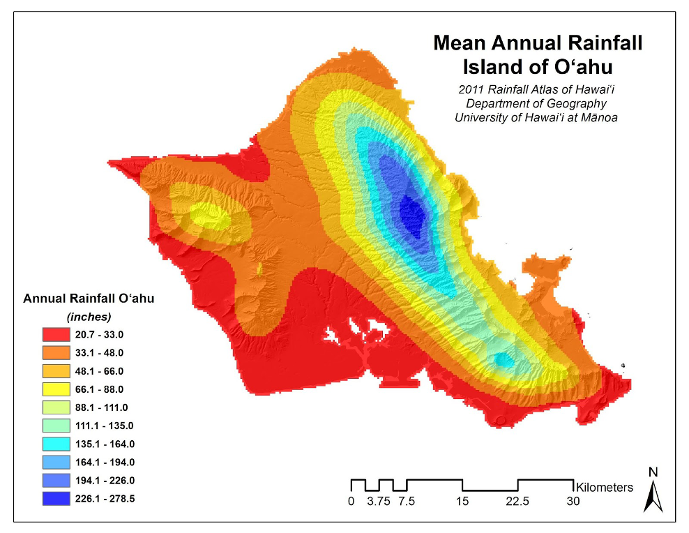 Map of the Mean Annual Rainfall on the Island of Oʻahu (Giambelluca et al.
                2013).